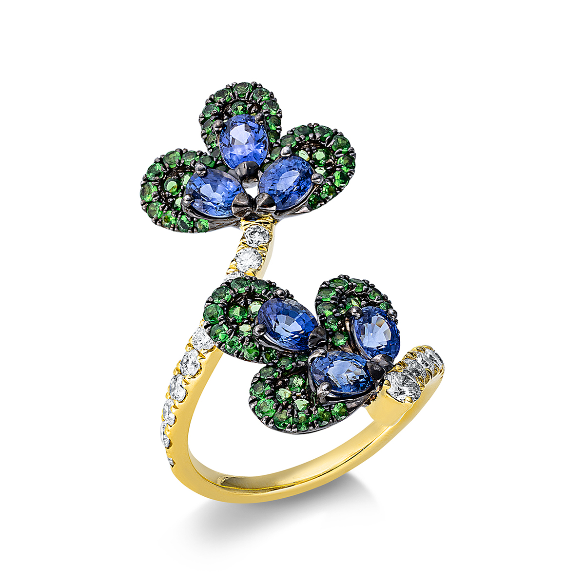 Ring 18 kt GG "Blumen", Fassung teils schwarz rhodinie