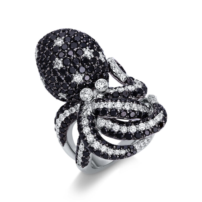 Ring 18 kt WG "Krake", Fassung teils schwarz rhodinie