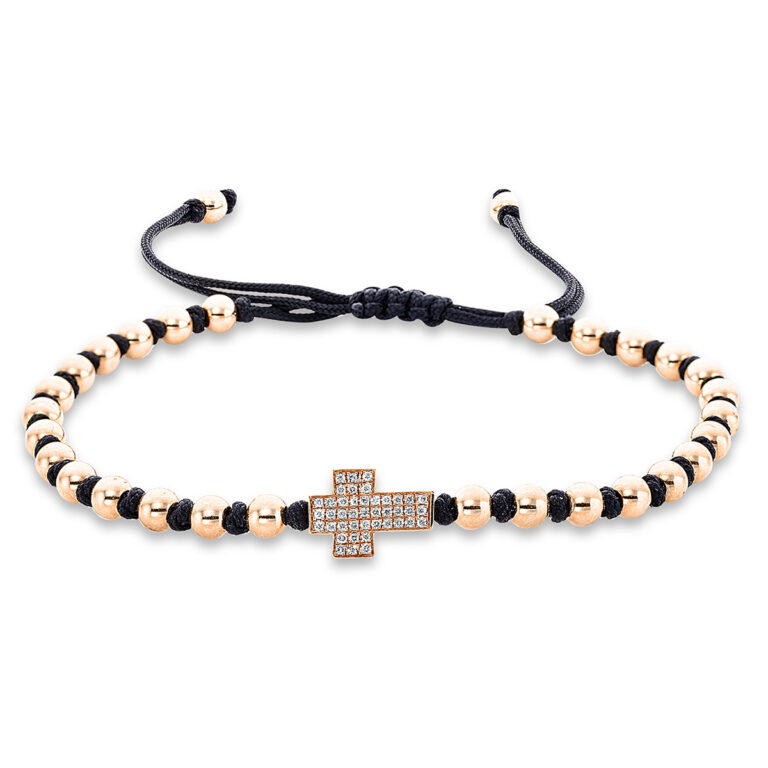Armband 18 kt RG "Kreuz", black cord strap,gold ball