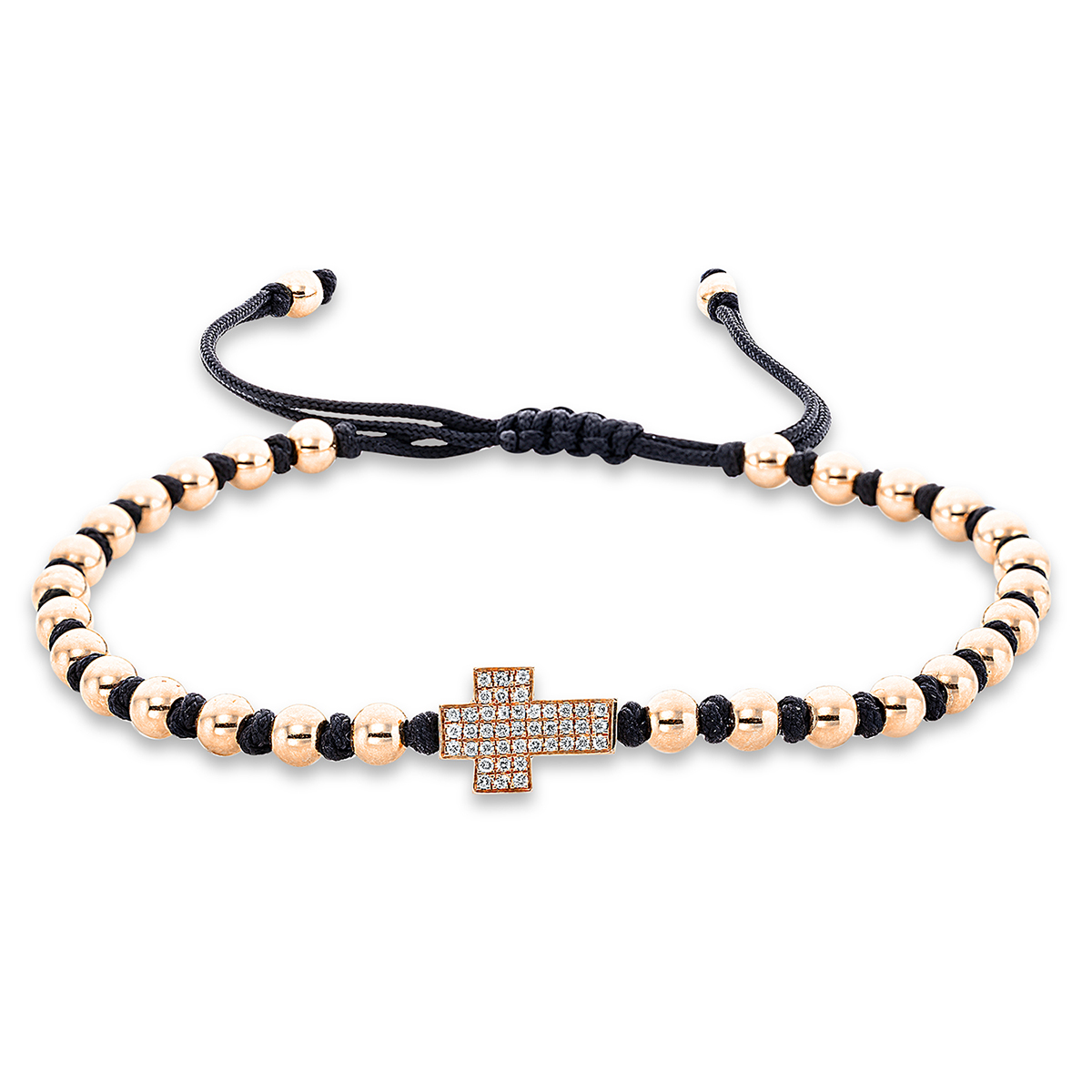 Armband 18 kt RG "Kreuz", black cord strap,gold ball
